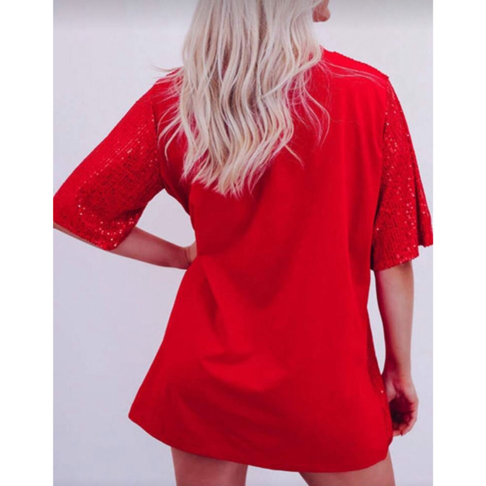 Red Sequin Mini T-Shirt Dress with Christmas Tree Patch - Picture 5 of 6